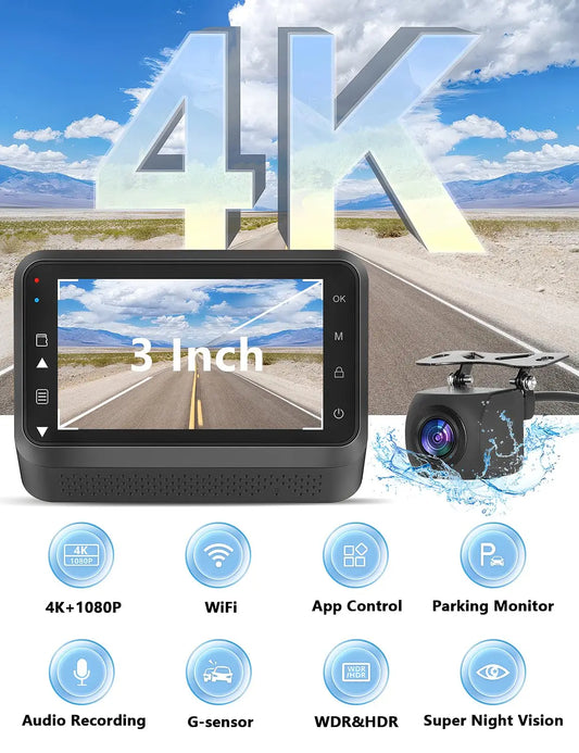 4K UHD Dual Dash Cam with WiFi 1080P Rear Camera Night Vision and 24 Hour Parking Monitor