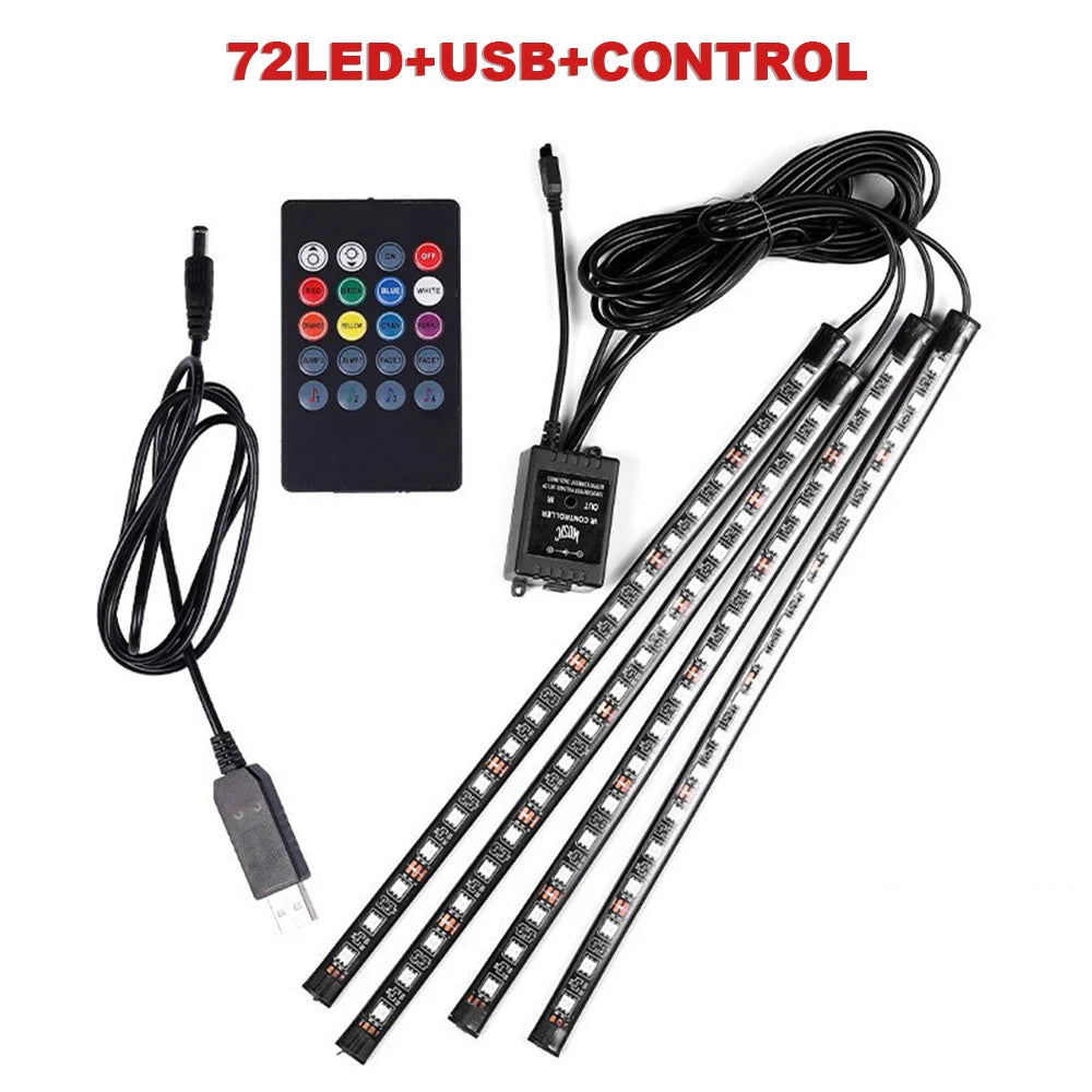 IP68 RGB Car Foot Ambient Light Bar Set – 72 LED, 4-Piece, App or Remote, 5V/12V