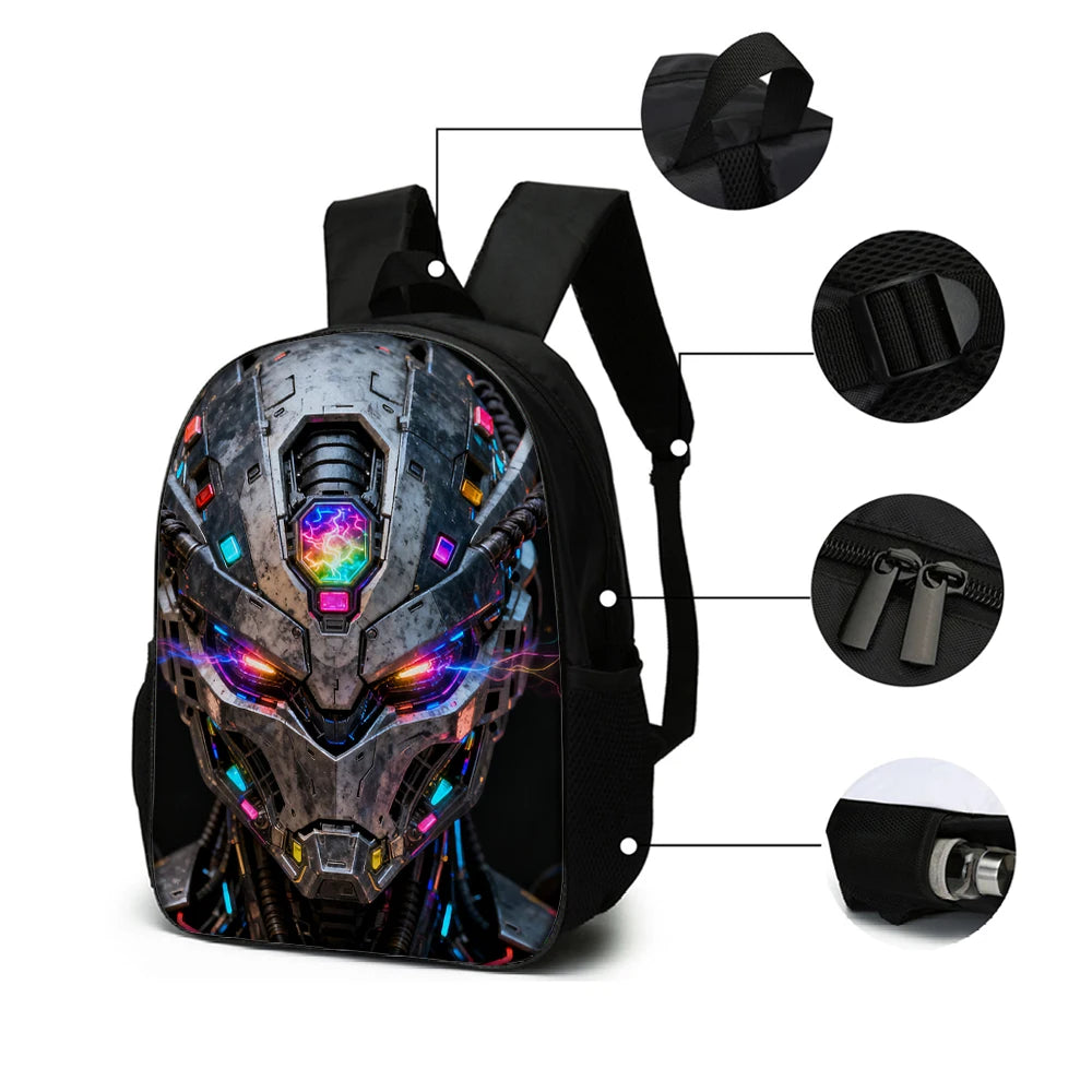 Cartoon Robot Print Backpack Set – Roomy Polyester School & Travel Bag, Unisex