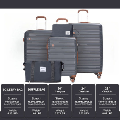 5-Piece Hardcase Luggage Set – Double Spinner Wheels & TSA Lock, 3 Suitcases + Duffle & Toiletry Bag