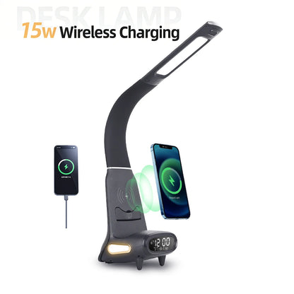 Multifunctional LED Desk Lamp with 15W Wireless Charging Digital Display Dimmable Touch Sensor Reading Light