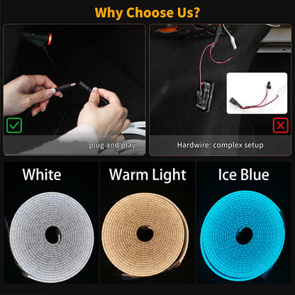 5M Flexible LED Trunk Strip Ambient Light – Silicone, Clip-In, 12V, Ice Blue / White / Warm White