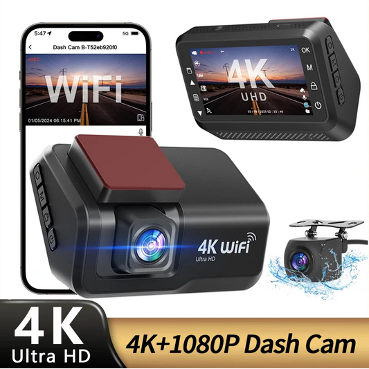 4K Ultra HD dash cam with smartphone app interface and additional camera on a beige background.