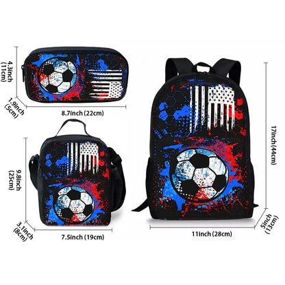 3-Piece Soccer Cartoon School Bag Set – Backpack, Lunch Bag & Pencil Case for Boys & Girls
