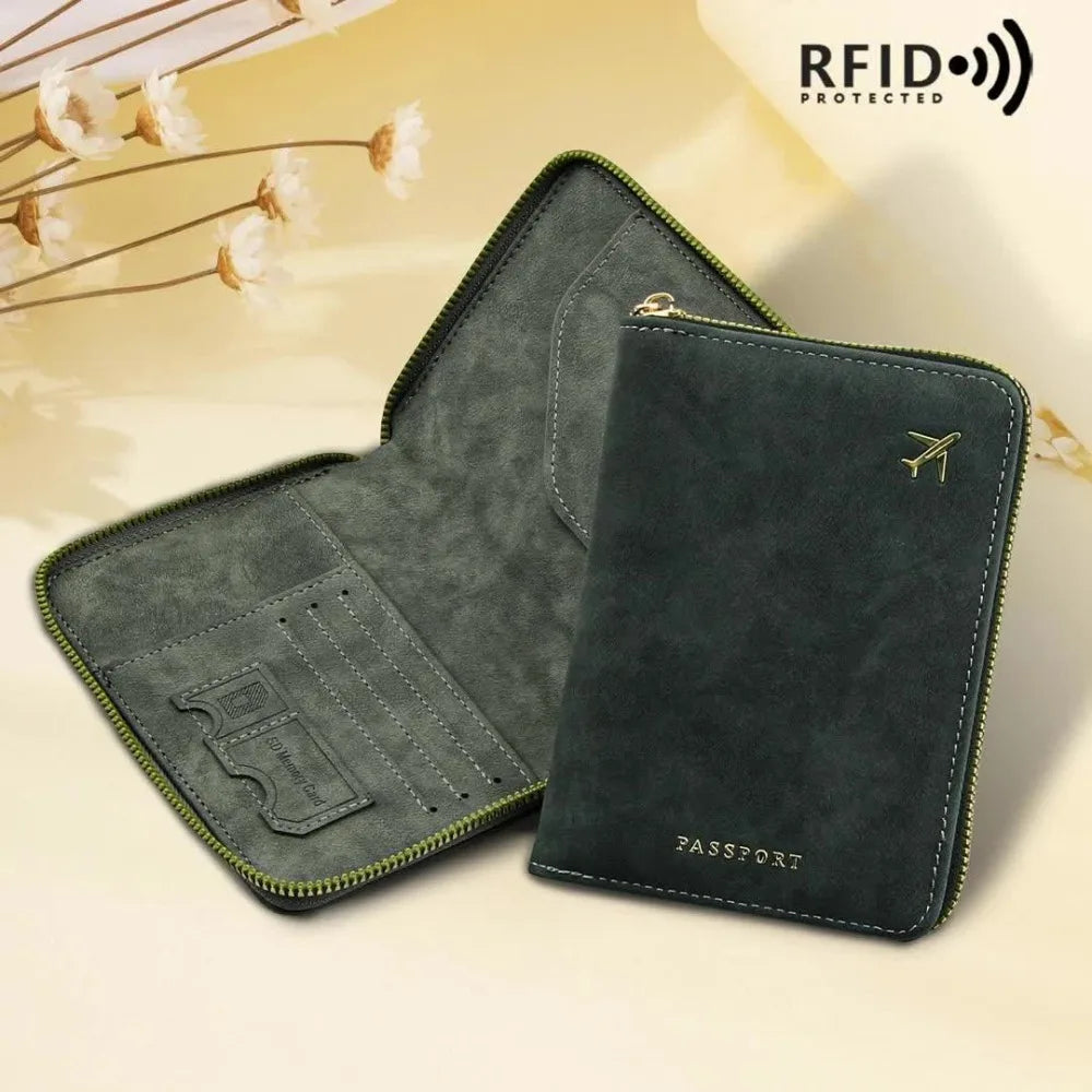 RFID Blocking Passport Wallet – Zipper, PU Leather, Multi-Slot Travel Organizer