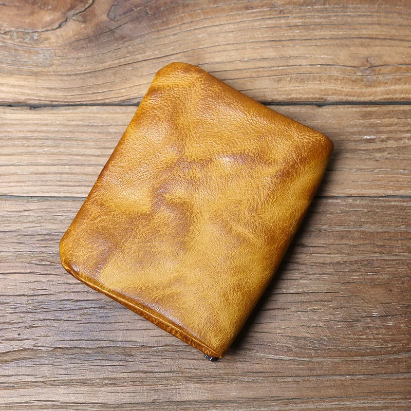 Genuine Cowhide Short Wallet – Retro Leather, Card & Coin Organizer, Unisex Bifold