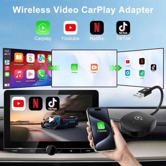 Wireless CarPlay Video Adapter with YouTube Netflix TikTok and Screen Mirroring for Factory Wired CarPlay