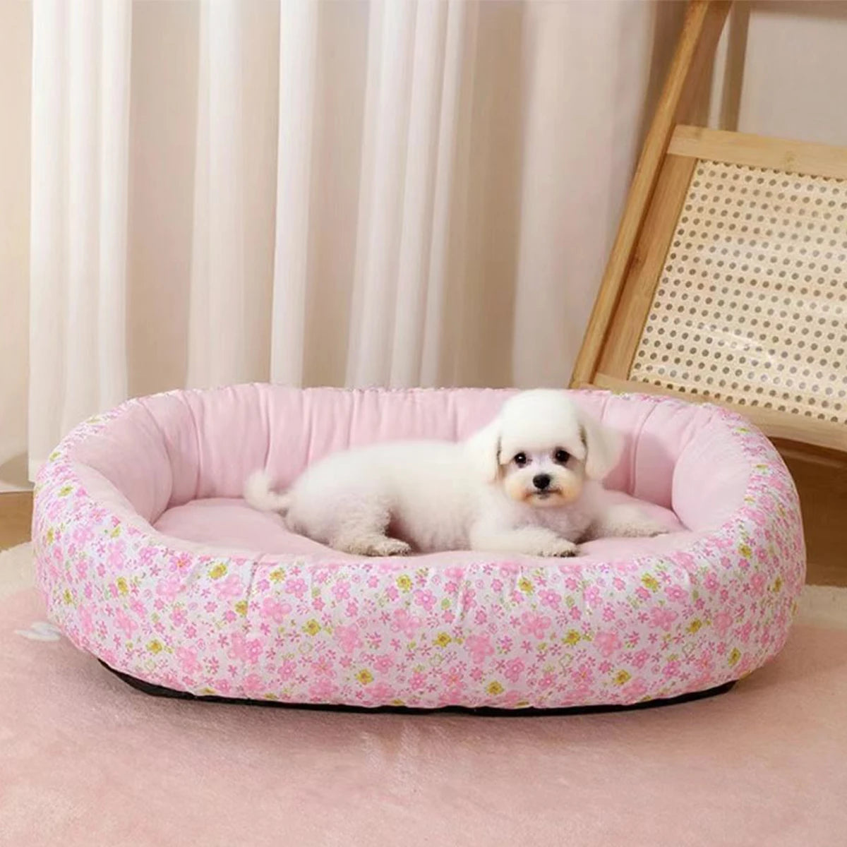 Floral All-Season Pet Bed – Soft Donut Bed for Dogs and Cats