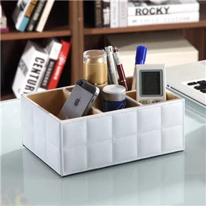 PU Leather Desktop Organizer – 4-Slot Storage Box for Remote Control, Phone & Office Supplies
