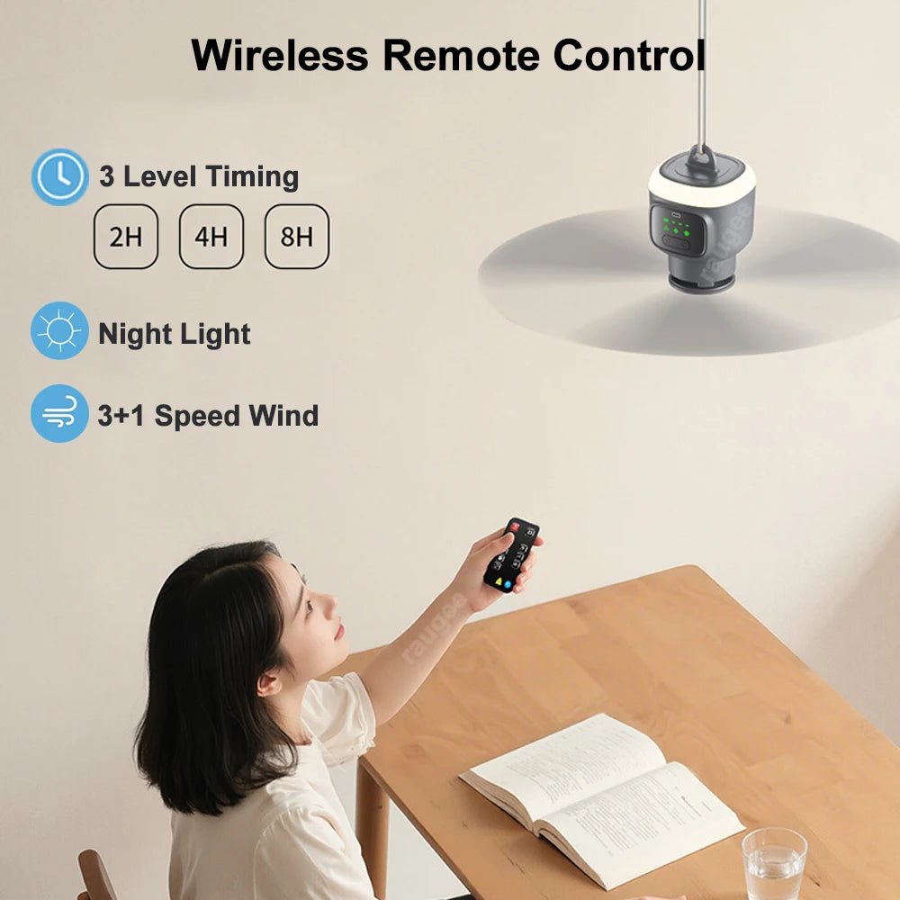 Portable Camping Ceiling Fan 12000mAh Rechargeable Tent Fan with LED Light and Remote Control