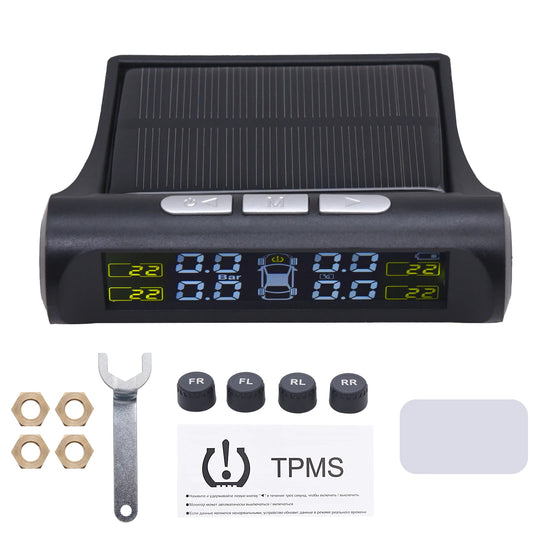 Solar TPMS Tire Pressure Monitoring System with LCD Display and 4 Wireless Internal or External Sensors