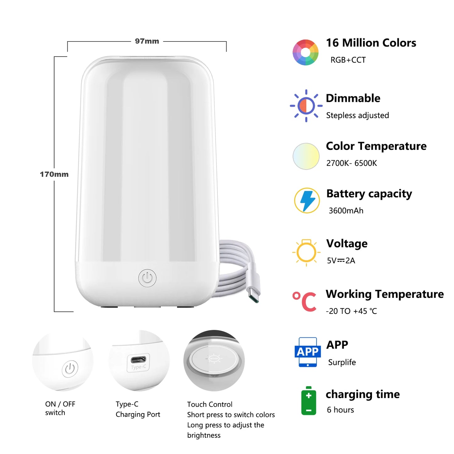 Smart Touch Bedside Table Lamp Dimmable RGB Bluetooth LED Night Light Rechargeable Desk Lamp