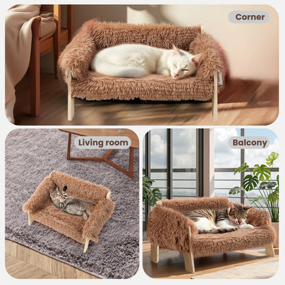 Raised Cat Sofa Bed with Wooden Legs – Plush Pet Couch for Indoor Cats