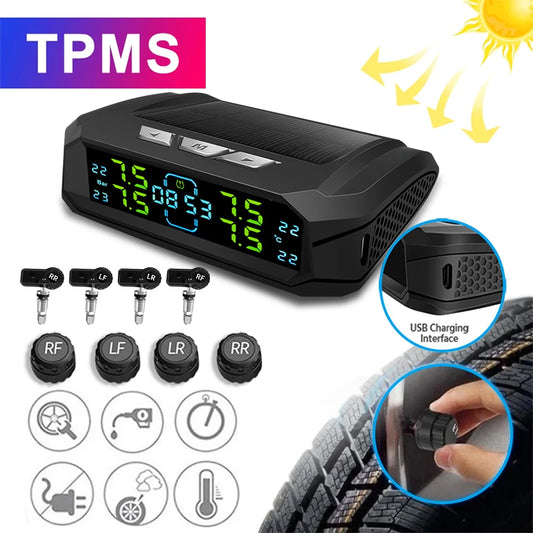Solar TPMS Tire Pressure Monitoring System with 4 Wireless Sensors LCD Display USB Charging & Temperature Alerts