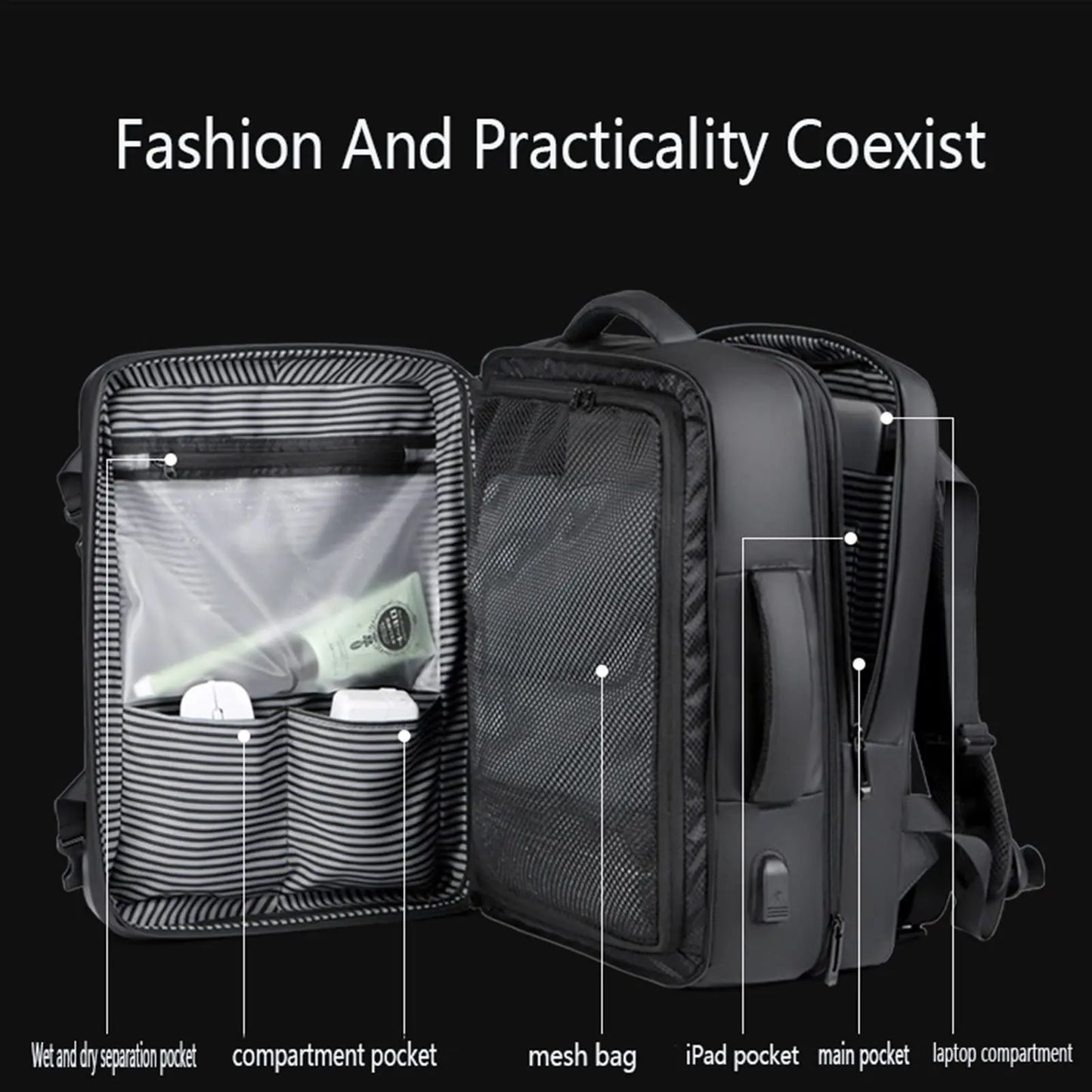 50L ABS Hard Shell Expandable Travel Backpack – 17" Laptop Compartment, USB Charging, Waterproof