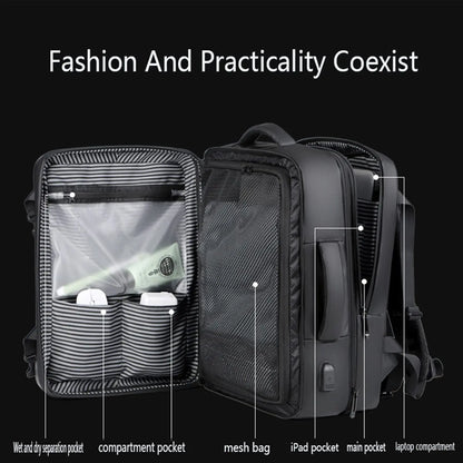50L ABS Hard Shell Expandable Travel Backpack – 17" Laptop Compartment, USB Charging, Waterproof