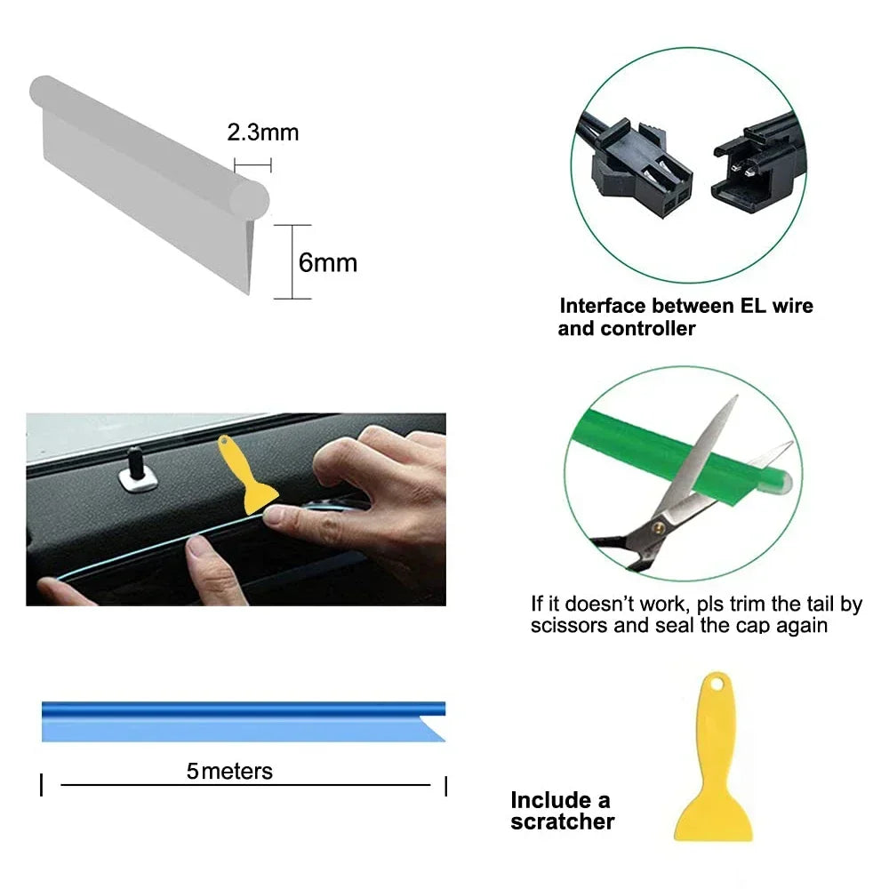 5M USB EL Wire Car Interior Ambient Light Flexible Neon Trim Strip