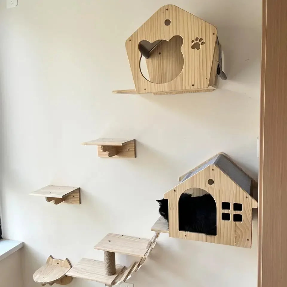 Wall-Mounted Cat Climbing Shelf System – Solid Wood Modular Cat Wall Furniture