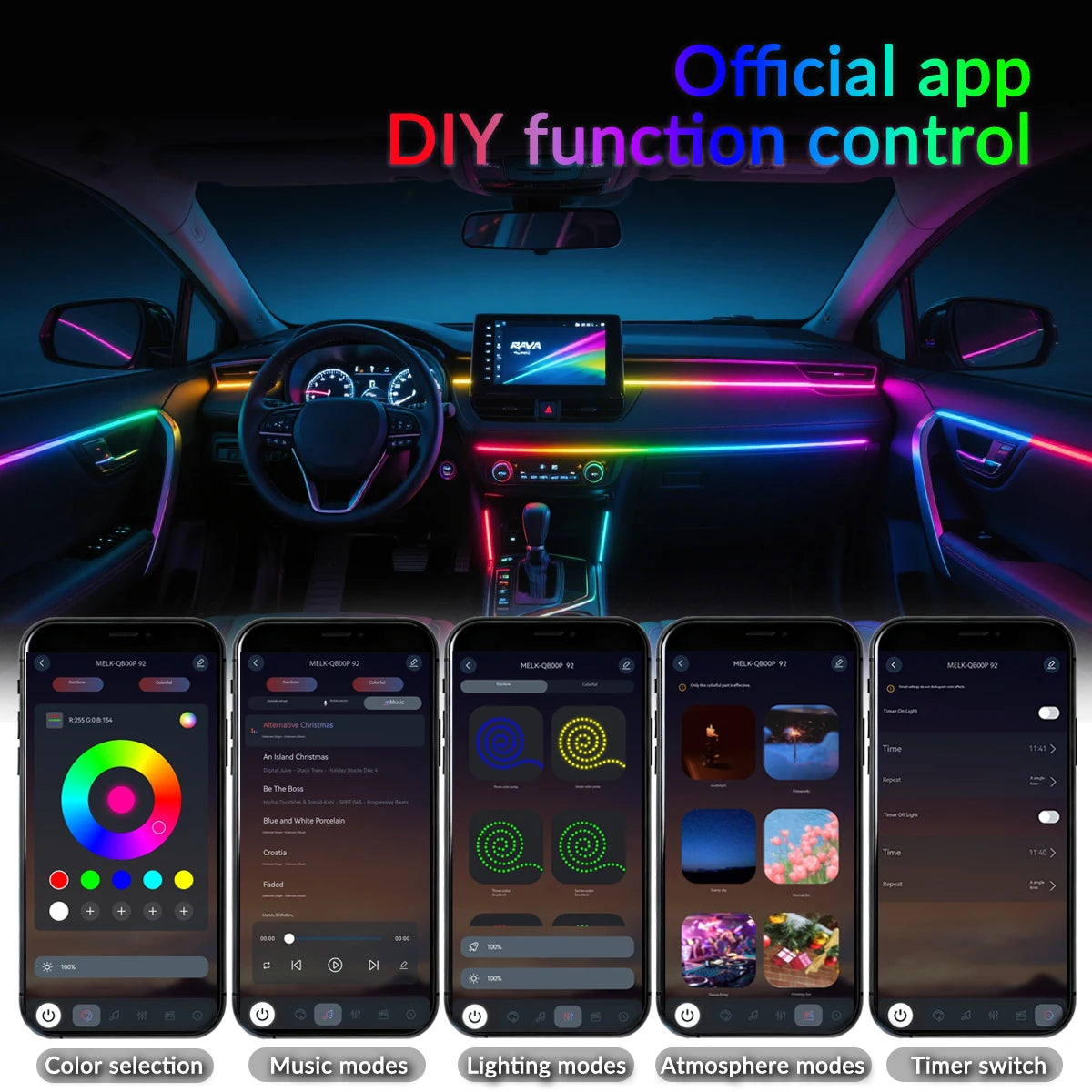Car Ambient Lights Kit 18 in 1 RGB LED Interior Symphony Lights with App Control Acrylic Strip