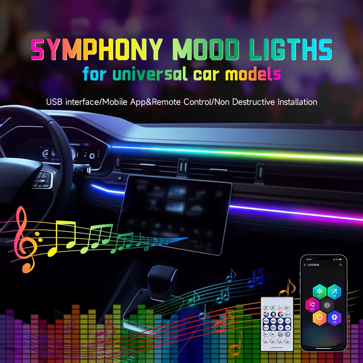 USB RGB Acrylic Car Interior Ambient Light Strip with App & Remote Control