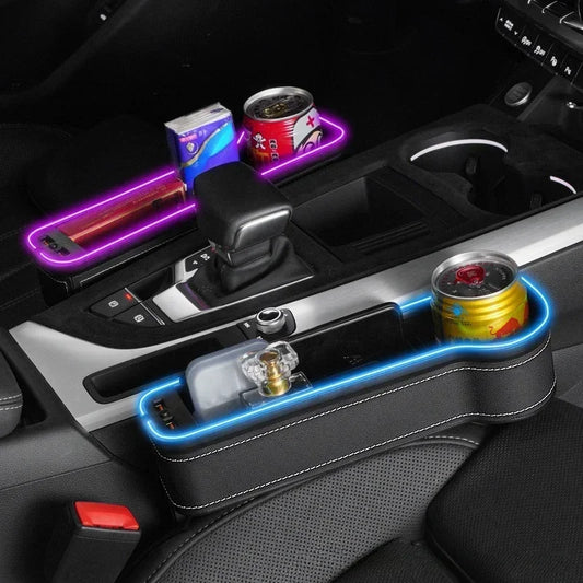 Car Seat Gap Storage Box with USB Charging Ports and LED Ambient Light Organizer