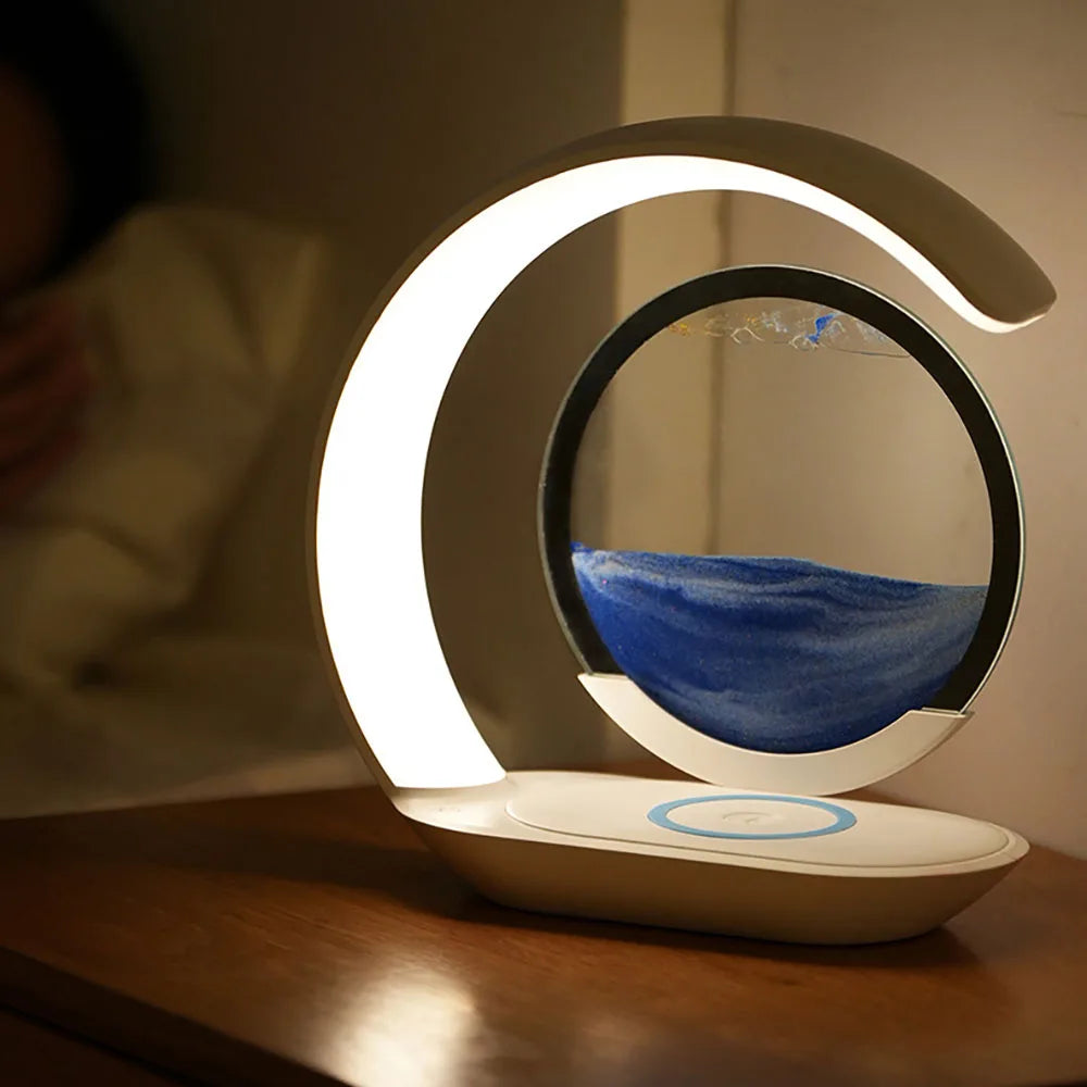 Quicksand Table Lamp 3D Hourglass Sand Art Night Light with USB Wireless Charging Desk Lamp