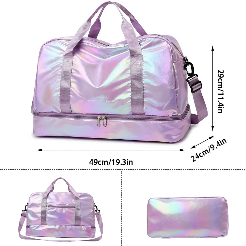 Holographic duffel bag with measurements on a white background