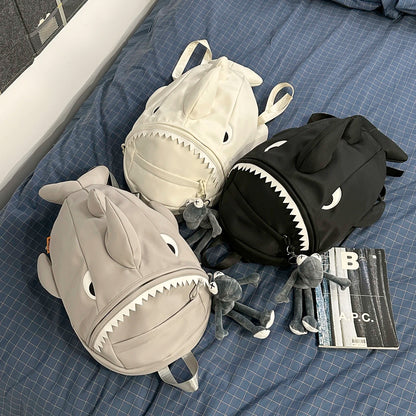 3D Shark Shape Backpack with Plush Pendant – Nylon, Large Capacity, Kids & Adults, Gray / White / Black