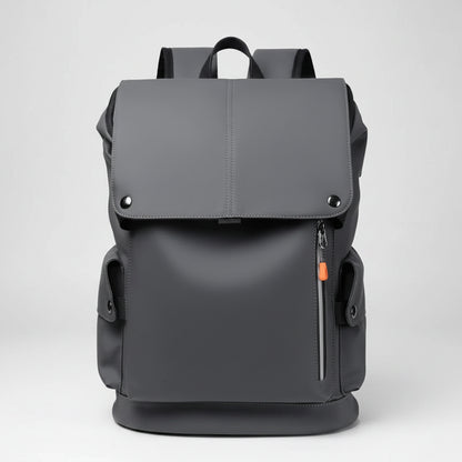 Gray backpack with a front zipper pocket on a white background