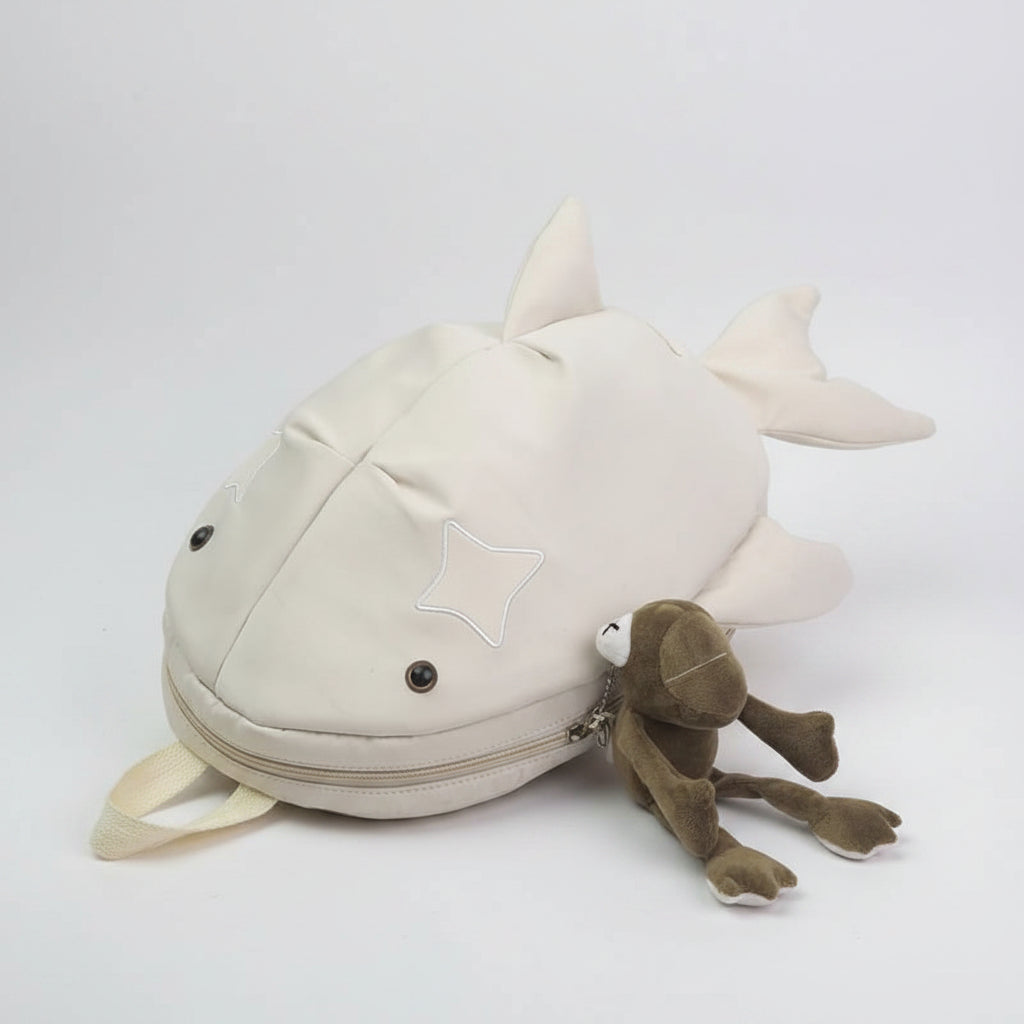 Y2K Whale Shark Shape Backpack – Cute Cartoon Nylon Travel Bag with Rain Cover, Reflective Stripe