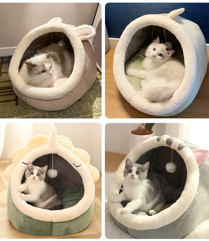 Cartoon Animal Ear Cat Cave Bed – Foldable Semi-Enclosed Pet Bed with Removable Cushion