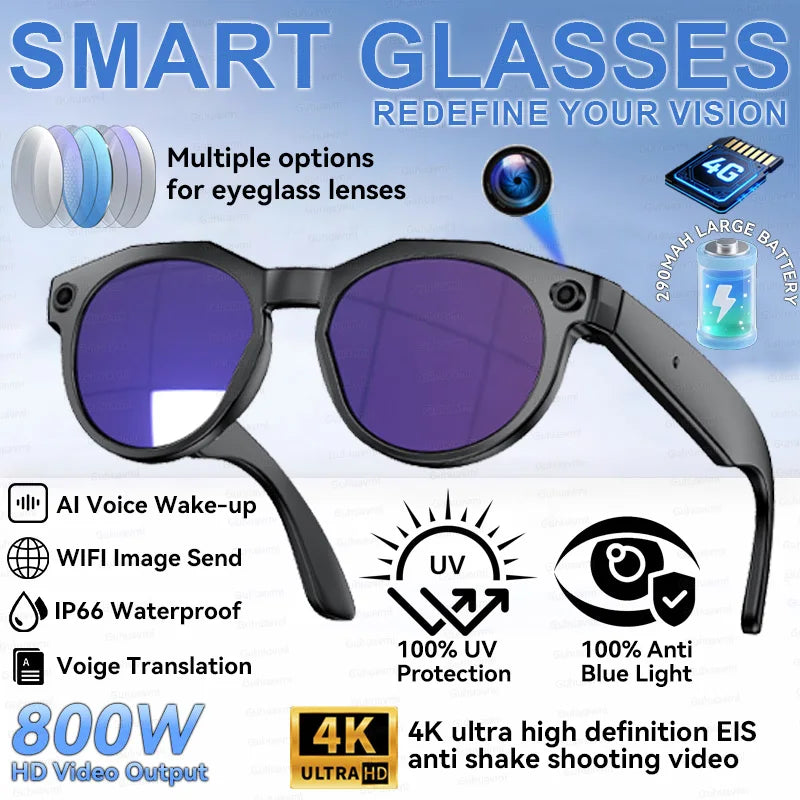 AI Smart Glasses with HD Camera Real Time Translation Bluetooth Audio WiFi Transmission for Android iOS