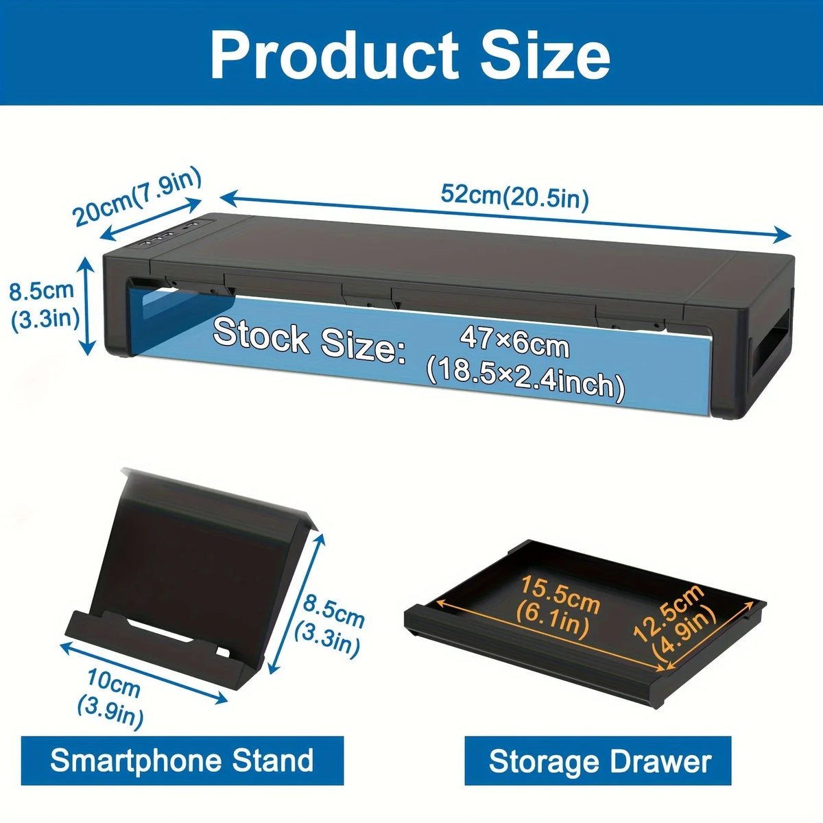 Foldable Height-Adjustable Monitor Stand Riser with Storage Drawer & Phone Stand