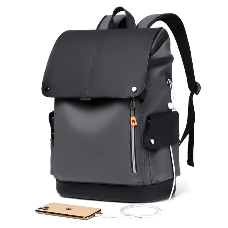 Men's PU Leather Laptop Backpack with USB Charging and Rain Cover