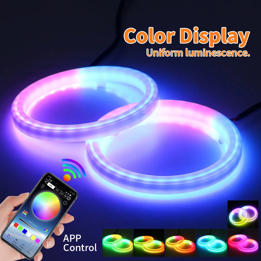 RGB Angel Eyes Halo Rings with Turn Signal – Bluetooth App, DRL, 60–120mm, 9–30V