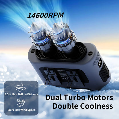 Portable Waist Fan 14500mAh – Dual Turbo Motors, 5 Speeds, Power Bank & Flashlight