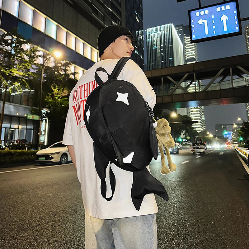 Y2K Whale Shark Shape Backpack – Cute Cartoon Nylon Travel Bag with Rain Cover, Reflective Stripe
