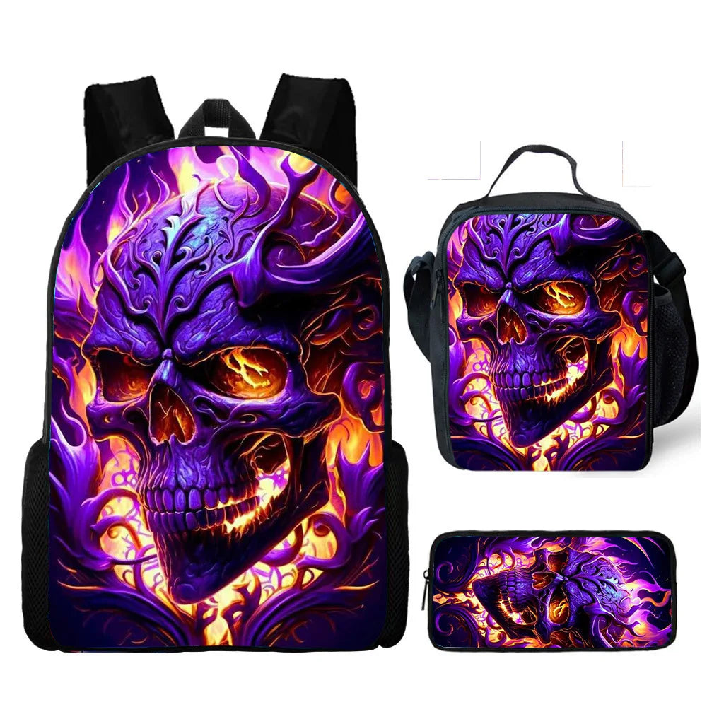 Skull Print School Backpack 3-Piece Set – Backpack, Lunch Bag & Pencil Case, Nylon, Unisex