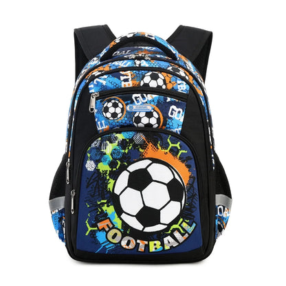 Football Print School Backpack – Nylon Travel & School Bag for Boys, Blue & Black