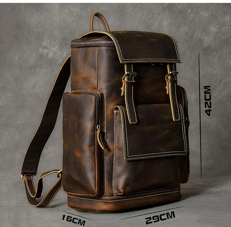 Vintage Crazy Horse Genuine Leather Backpack – Handmade, Fits 17" Laptop
