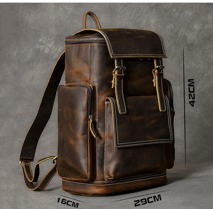 Vintage Crazy Horse Genuine Leather Backpack – Handmade, Fits 17" Laptop