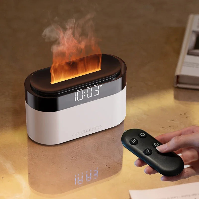 LED Clock Colorful Night Light with Flame Humidifier Ultrasonic Aromatherapy Diffuser with Remote Control