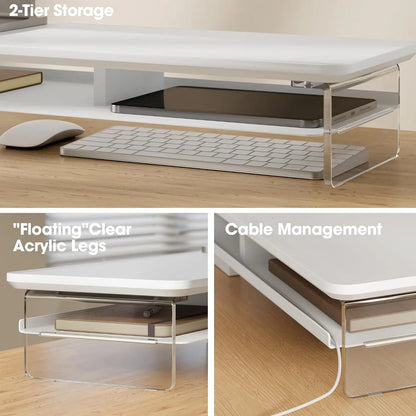 Acrylic Dual Monitor Stand Riser – Two-Tier Desk Organizer with Keyboard Storage Shelf