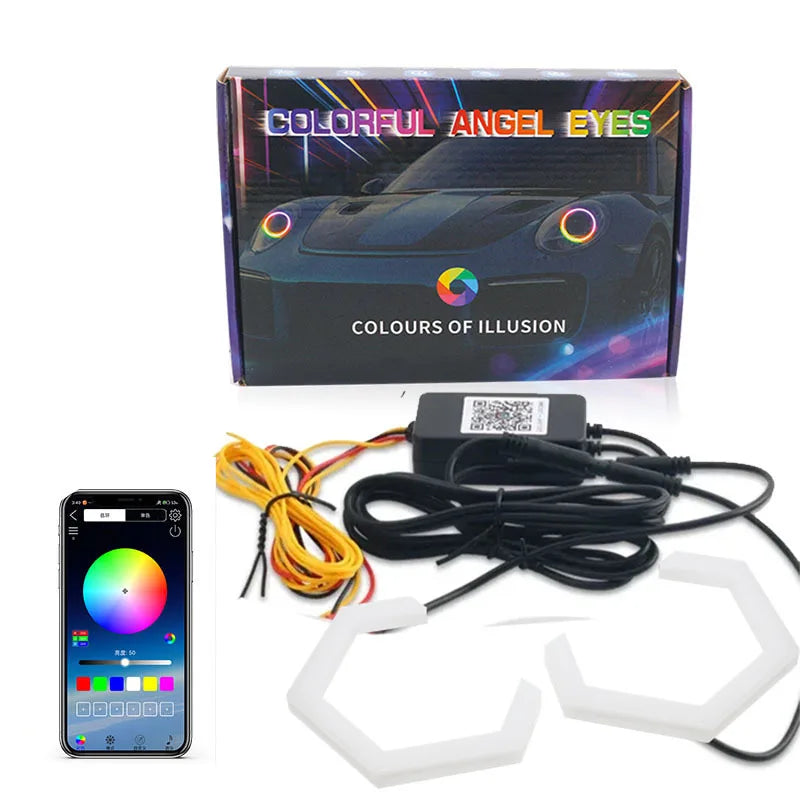 RGB Hexagon Angel Eyes Halo Rings – DRL & Turn Signal, App Control, 2pcs