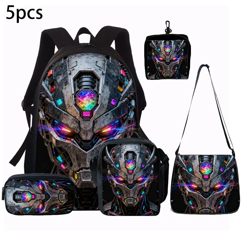Cartoon Robot Print Backpack Set – Roomy Polyester School & Travel Bag, Unisex