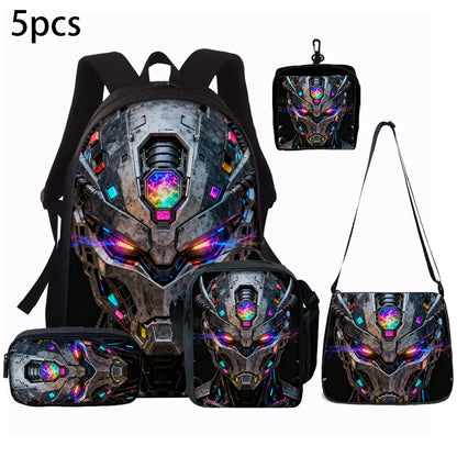 Cartoon Robot Print Backpack Set – Roomy Polyester School & Travel Bag, Unisex