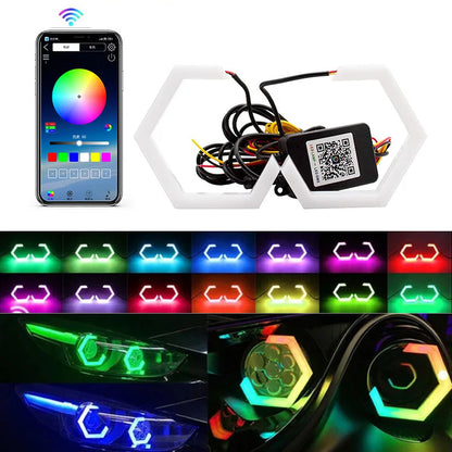 RGB Hexagon Angel Eyes Halo Rings – DRL & Turn Signal, App Control, 2pcs