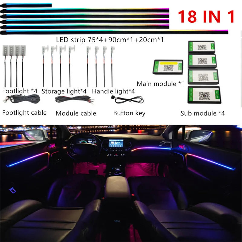 18-in-1 Symphony Car Ambient Light System – 210 Modes, Acrylic Guide, Bluetooth App, 12V, CE
