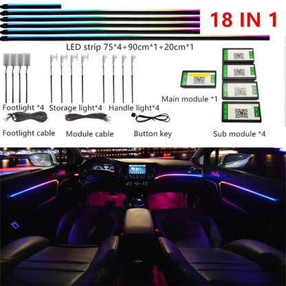 18-in-1 Symphony Car Ambient Light System – 210 Modes, Acrylic Guide, Bluetooth App, 12V, CE