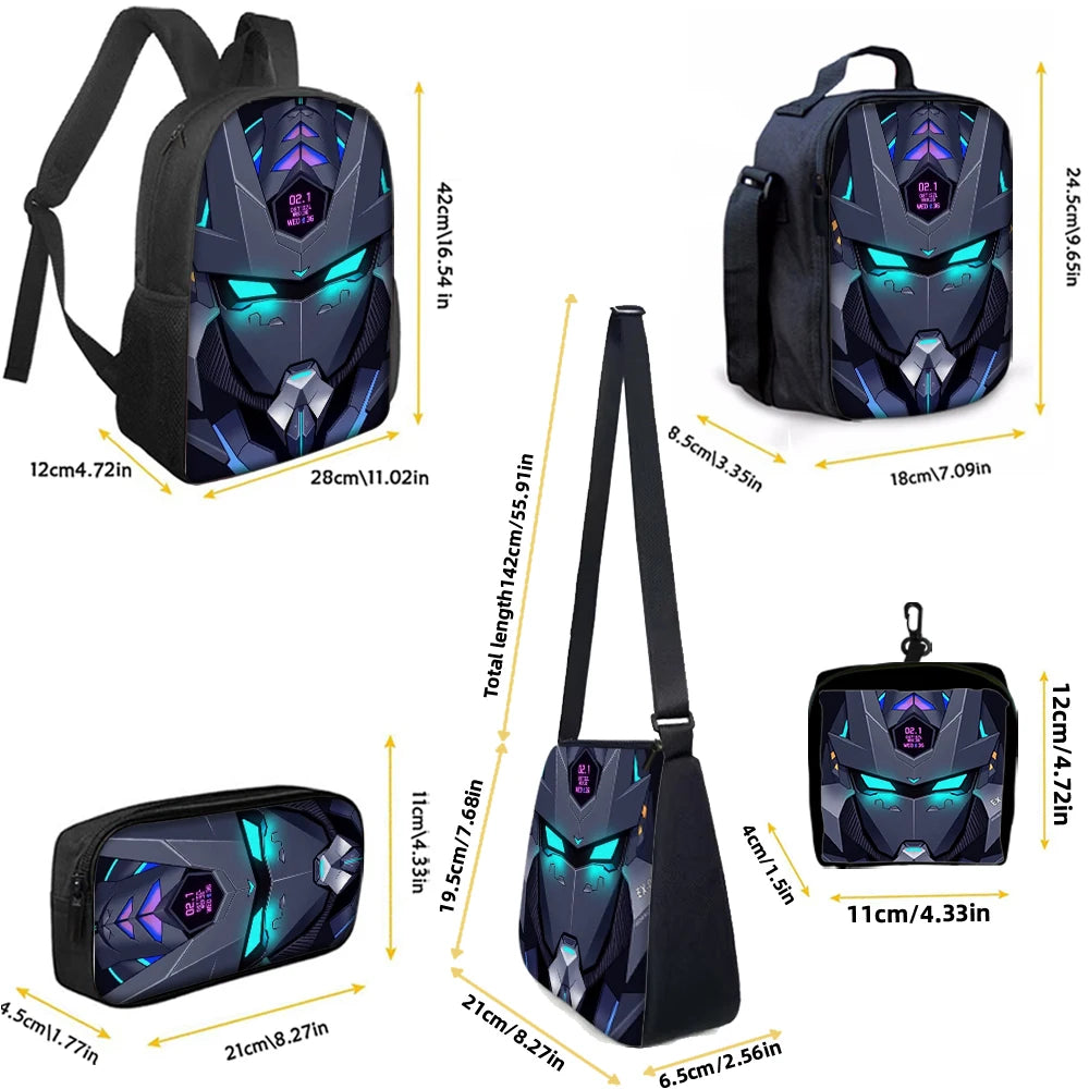 Cyberpunk Robot Pattern Backpack Set – Polyester, 20–35L, Unisex, 1–5 Piece